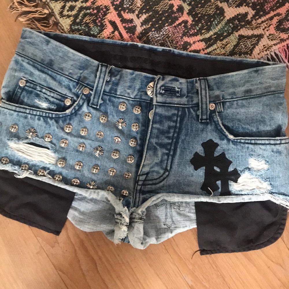 Chrome hearts studded + patch work Jean shorts